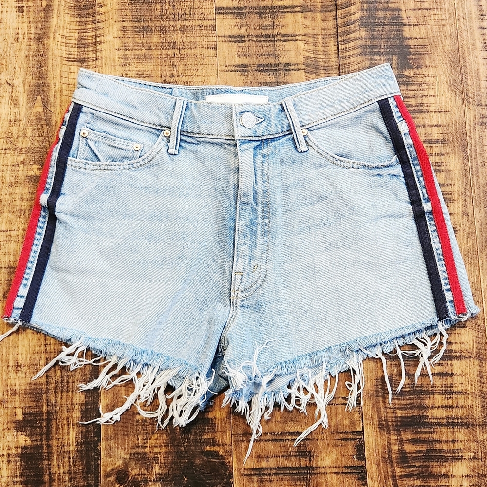 Mother Womens Shorts Blue Denim Frayed Hem Striped Easy Does It Thanks  Size 25